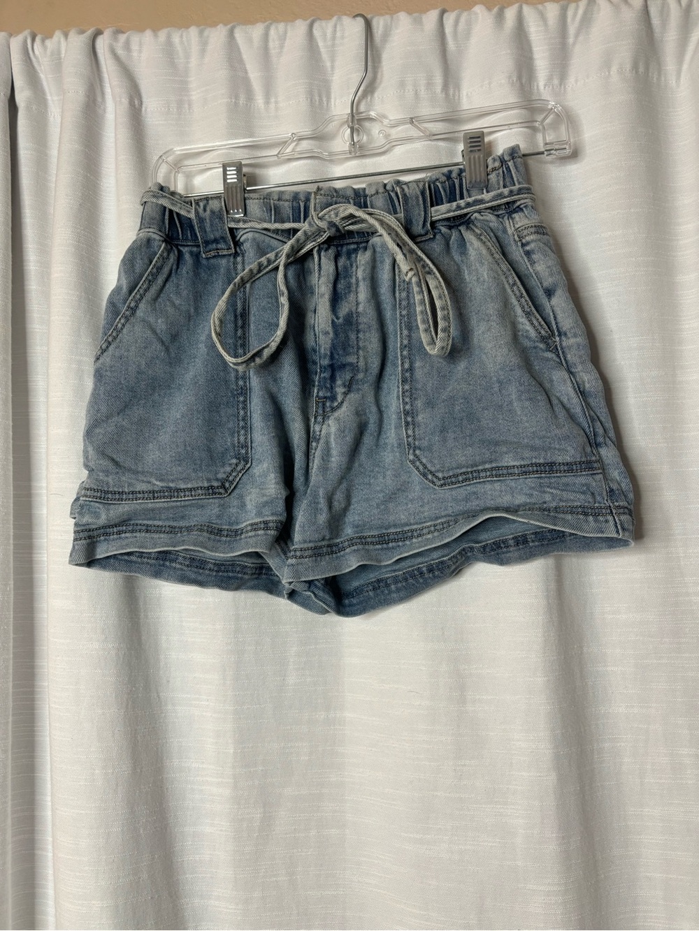 Washed Light Blue Denim Tie-Waist Women's Shorts